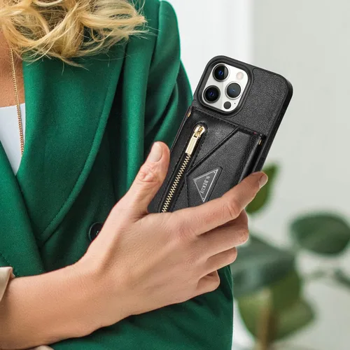 Vista 7 de Cartera con cremallera compatible con iPhone 14 Pro Max, funda cruzada con correa para mujer, tarjetero y cordón de 6.7 pulgadas, función atril