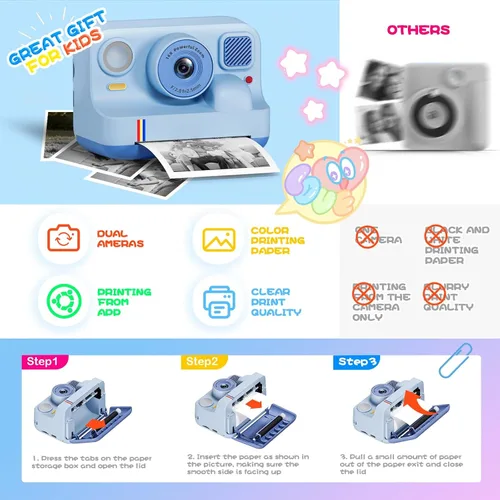 Vista 8 de Cámara de impresión instantánea para niños, regalos de cumpleaños de Navidad para niñas y niños de 3 a 15 años, cámara de video digital portátil