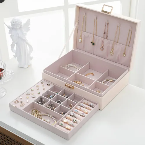 Vista 3 de DECOR4SEASON Joyero organizador de piel sintética con 2 capas de almacenamiento y bandeja extraíble para collares, aretes, anillos, pulseras