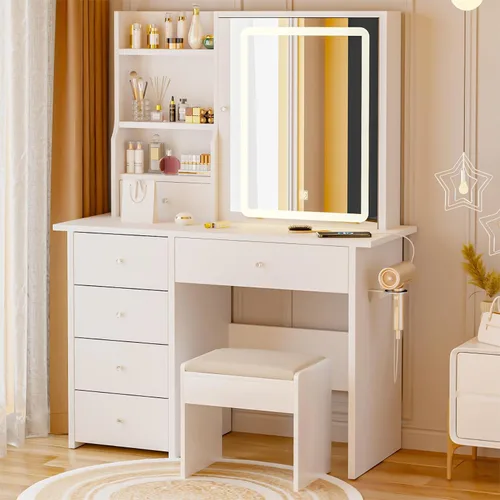 Vista 10 de DYHOME Escritorio de maquillaje con espejo de luces LED, 3 modos ajustables y tomas de corriente, mesa de tocador con 6 cajones y banco, escritorio