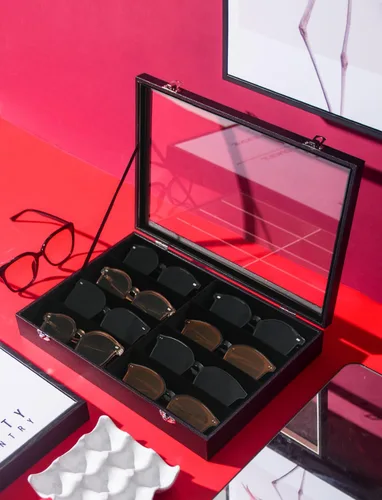 Vista 2 de Coward Caja organizadora de gafas de sol, estuche de terciopelo negro con tapa de vidrio transparente para uso doméstico o tienda tienda show