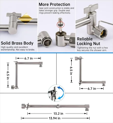 Vista 5 de G-Promise Brazo de Extensión para Cabezal de Ducha de 13 Pulgadas, Extensor de Latón Macizo Ajustable en Altura y Ángulo, Eleva o Baja la Ducha
