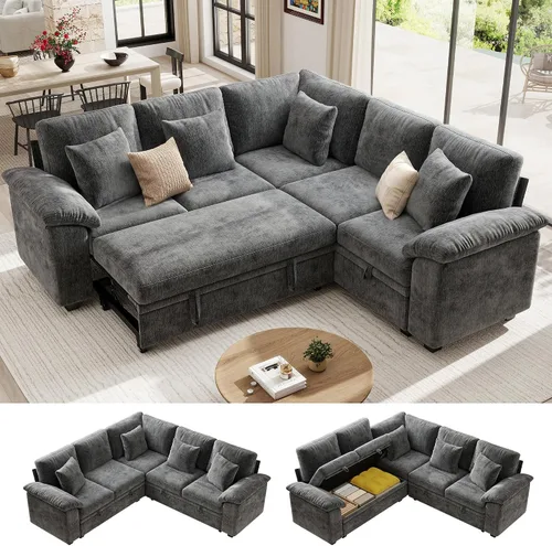 Vista 23 de Ihanherry Sofá modular de 86 pulgadas con cama extraíble, sofá cama modular en forma de L de 4 plazas con otomana de almacenamiento, sofás Verde