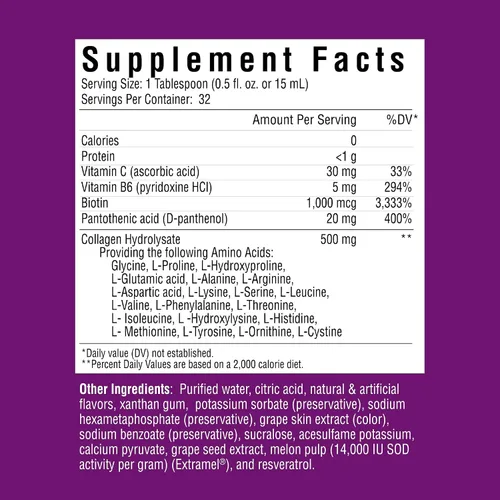 Vista 2 de Rejuvicare Fórmula de belleza de colágeno líquido con aminoácidos, proteínas y biotina, delicioso sabor a uva, morado 16 onzas, 32 porciones