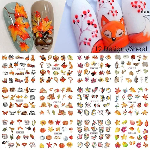 Vista 9 de Calcomanías de arte de uñas de otoño, calcomanías de agua de otoño, suministros de uñas, hojas de arce, pavo, calabaza, diseño de calcomanías