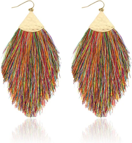 Vista 33 de Aretes bohemios de hilo sedoso con flecos y borlas – Ligeros, colgantes, con hebras y forma de pluma Fleco de plumas - Azul Aqua