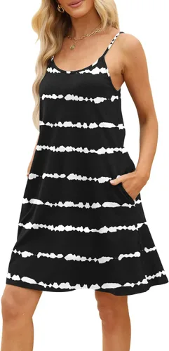 Vista 2 de MERRYVILLA Vestido de verano para mujer, con tirantes delgados, mangas casuales, con vuelo, vestido de playa con bolsillos