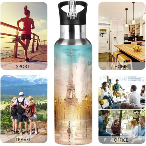 Vista 5 de Stainless Steel Vacuum Insulated Water Bottle 32 Oz, Leakproof Water Bottles for Gym Outdoor Travel School, Painting Street Paris Eiffel