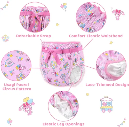 Vista 3 de Littleforbig Funda para pañales Omutsu con cinta para adultos, lavable, ajustable, reutilizable, impermeable, diseño de circo pastel Usagi
