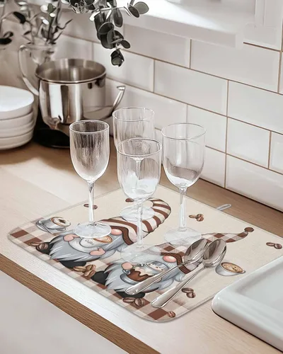 Vista 5 de Tapete de secado de platos de gnomos de café para encimera de cocina, granos de café retro a cuadros marrones, almohadilla de secado de microfibra