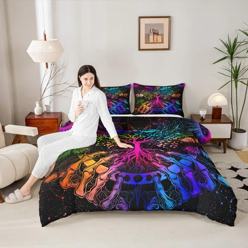 Vista 2 de Erosebridal Juego de ropa de cama con diseño de árbol de la vida, diseño bohemio de mariposa y mariposa, edredón de fase lunar hippie, edredón