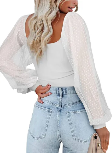 Vista 4 de PINKMSTYLE Body de manga larga con cuello cuadrado para mujer, con lunares, traslúcido, básico