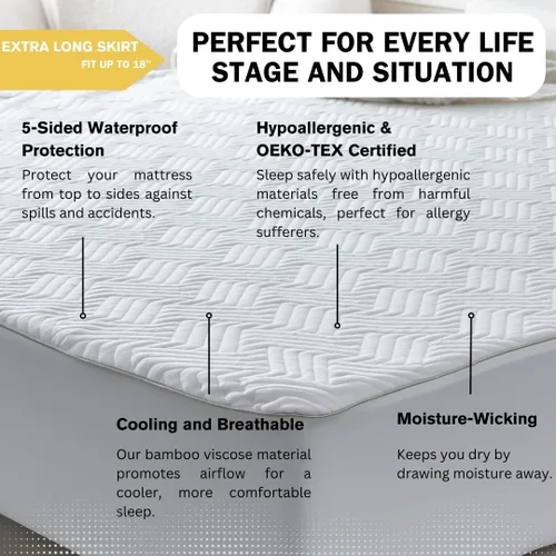 Vista 5 de Protector de colchón impermeable de 5 lados, viscosa de bambú suave, refrescante y transpirable, bolsillo profundo para camas de hasta 18 pulgadas