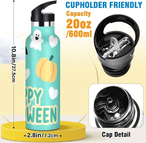 Vista 2 de Happy Halloween Bat Turquoise - Botella de agua ligera reutilizable aislada con asa aislada al vacío para viajes, camping, deportes garrafa termica