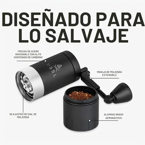 Vista 3 de VSSL - Molinillo de café manual Java G45 Premium, molinillo de café portátil para acampar o senderismo, prensa francesa de mango recto, goteo Negro