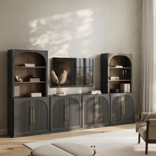 Vista 40 de BELLEZE Centro de entretenimiento modular de 4 piezas con almacenamiento, 2 vitrinas de madera moderna con gabinete arqueado y 2 armarios de puerta