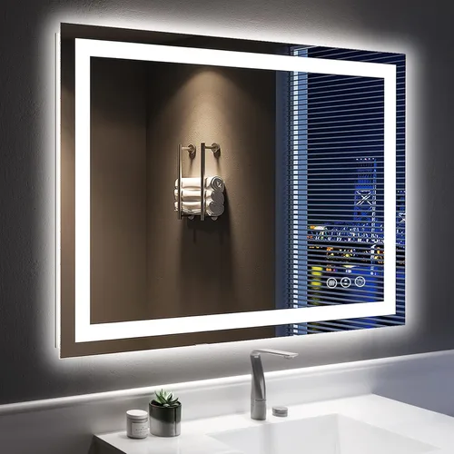 Vista 21 de Espejo de baño LED de 24x30 pulgadas con luces, espejo de tocador frontal y retroiluminado para pared de baño con 3 colores, regulable