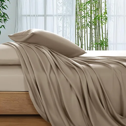 Vista 17 de SONORO KATE Sábanas 100% viscosa derivada de bambú tamaño matrimonial, sábanas ultra transpirables y refrescantes para personas que duermen con Beige