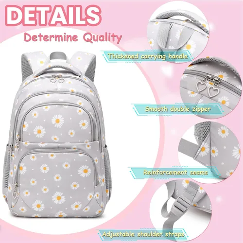 Vista 3 de YJMKOI Mochila con estampado de margaritas para niñas de secundaria y primaria, juego de mochila con lonchera (negro)
