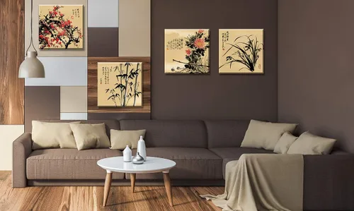 Vista 4 de JiazuGo Decoración asiática, pintura china, arte de pared oriental rojo ciruelo flor lienzo cuadros para dormitorio, decoración estética de pared