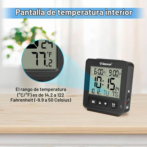 Vista 7 de Geevon Pequeño reloj despertador atómico de viaje con retroiluminación Auto/8s, 2 configuraciones de alarma, temperatura, sonidos de pitido Negro