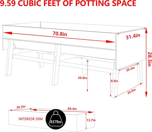 Vista 3 de MUPATER - Cama de jardín elevada de cedro de 6 x 3 x 2 pies para exteriores, cama de jardín elevada con patas, maceta elevada grande de 837 libras