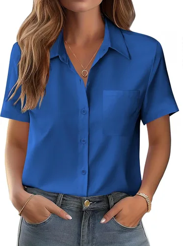 Vista 14 de Zeagoo Blusa de manga corta con botones para mujer, con bolsillo en el busto, para negocios, casual, para el trabajo, trajes de verano