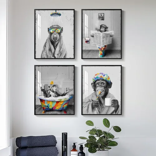 Vista 18 de Arte de pared divertido de vaca de las tierras altas enmarcado para baño, 4 piezas de divertidos animales, impresiones artísticas azul marino, linda