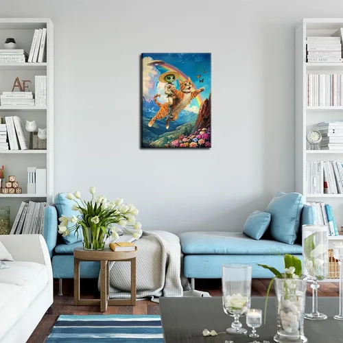 Vista 2 de Lienzo de paisaje victoriano OVNI para pared, diseño divertido de alienígena montando un gato, cuadros eclécticos de gato, póster impreso