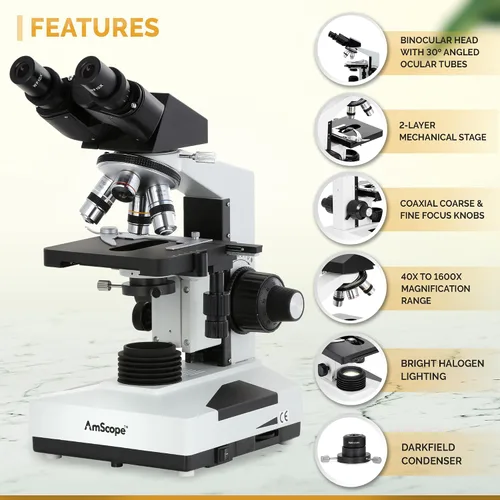 Vista 2 de AmScope Microscopio binocular compuesto B490B-DK, Oculares WF10x y WF20x, aumento 40X-2000X, Brightfield/Darkfield (BF/DF), Iluminación halógena