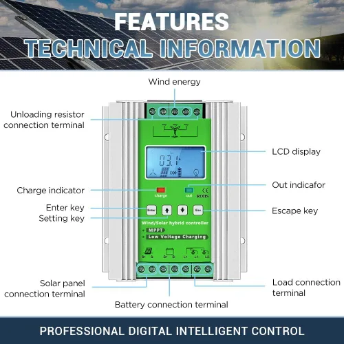 Vista 2 de Controlador de carga híbrido solar eólico de 1000 W, regulador de carga MPPT de 12 V/24 V, regulador de carga con pantalla LCD y carga de descarga