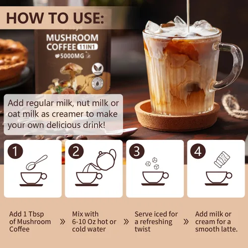 Vista 8 de Café orgánico de hongos 11 superalimentos instantáneos con Ashwagandha, Shilajit, melena de león, reishi, chaga y colágeno café arábica molido