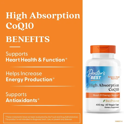 Vista 3 de Doctor's Best CoQ10 de alta absorción con BioPerine, salud cardíaca y producción de energía, fermentada naturalmente, sin OMG, vegano, sin gluten