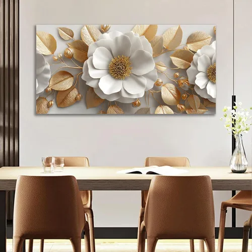 Vista 4 de Tarfupth Lienzo floral para pared de sala de estar, flores doradas y blancas, obra de arte botánica grande para dormitorio, oficina, decoración