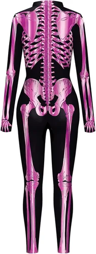 Vista 2 de Bemeiren Disfraz de esqueleto de metal para Halloween, overol de calavera para mujer, overol elástico 3D, traje de cosplay
