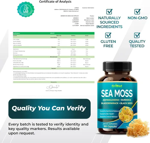Vista 8 de Musgo marino prémium con Ashwagandha, vejiga de bardana, semillas negras para sistema inmunológico, piel, digestión y energía (150