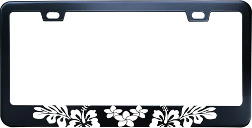 Vista 4 de Marco de matrícula de acero inoxidable negro con hibisco aloha y piña de Hawái para hombres/mujeres con 2 tapas de tornillo para vehículos de EE.