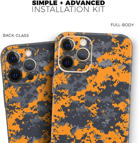 Vista 9 de DesignSkinz Kit de calcomanías de cuerpo completo compatible con iPhone 15 Plus, camuflaje digital naranja y gris