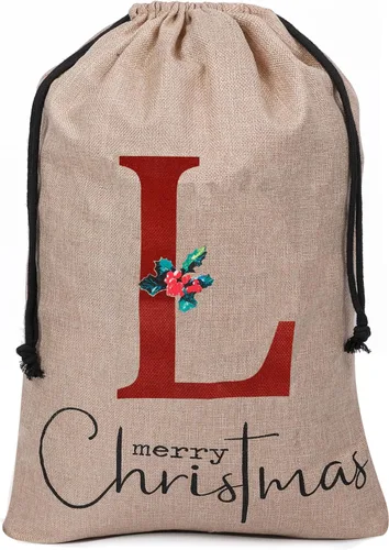 Vista 14 de Subyan Bolsa de regalo de Navidad de arpillera de 27 x 23 pulgadas, extra grande, reutilizable, personalizada, con monograma, con cordón