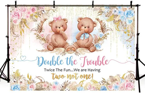 Vista 4 de AIBIIN Fondo de 7 x 5 pies, diseño de oso doble The Trouble Baby Shower It's Twins, decoración de fiesta de baby shower, dos veces la diversión