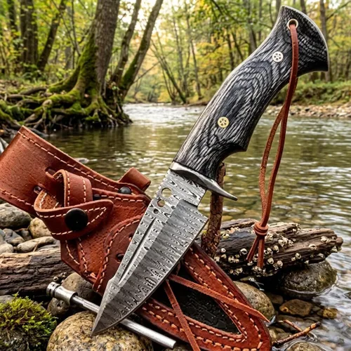 Vista 9 de Cuchillo de caza de Damasco hecho a mano de 10 pulgadas con funda de cuero, ideal para desollar, acampar, al aire libre, cuchillo de bushcraft