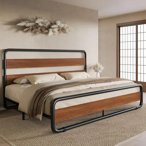 Vista 8 de SHA CERLIN Base de cama de metal de tamaño individual con cabecera y estribo de madera, base de cama de plataforma ovalada resistente