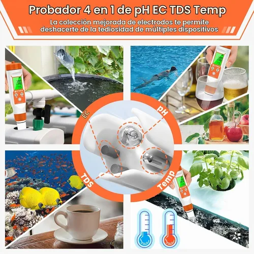 Vista 4 de Medidor de pH para agua, medidor inteligente de pH TDS EC para agua hidropónica Naranja-4