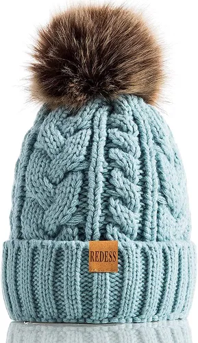 Vista 30 de Redess Gorro de invierno con pompón y forro polar cálido, grueso y holgado, tejido, para la nieve, para esquiar, para mujer Beige