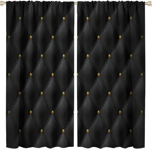 Vista 94 de Cortinas Negras con Dobladillo Dorado, Cortinas Opacas con Bolsillo para Barra con Estampado de Rayas de Foil en Onda Dorada para Decoración de Negro