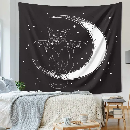 Vista 2 de DYRLHZ Tapiz blanco y negro con alas de gato en luna, espeluznante hippie espeluznante monstruo espeluznante tapiz para colgar en la pared