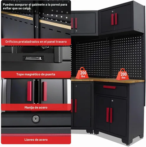 Vista 3 de Juego de taller de esquina, 10 gabinetes de garaje y sistema de almacenamiento con gabinete de esquina, cajones de gabinete, banco de trabajo