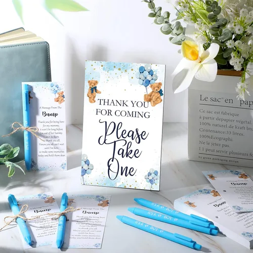 Vista 5 de Sintuff Juego de 50 Recuerdos de Baby Shower para Invitados 1 Letrero de Agradecimiento por Venir 50 Bolígrafos 50 Tarjetas de Agradecimiento