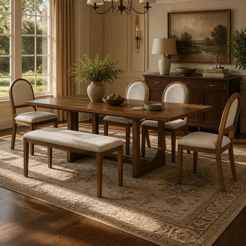 Vista 18 de Juego de mesa de comedor vintage de 6 piezas, juego de mesa de comedor de cocina de madera maciza con 4 sillas ergonómicas acolchadas y banco, mesa