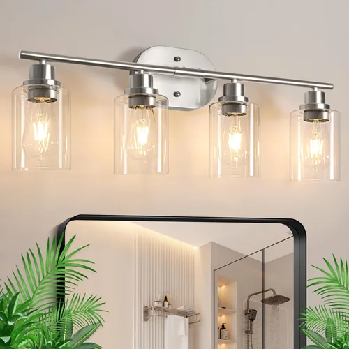 Vista 23 de Ascher Apliques de pared de 2 luces, moderna lámpara de tocador con pantalla de vidrio transparente, lámpara de pared de níquel cepillado